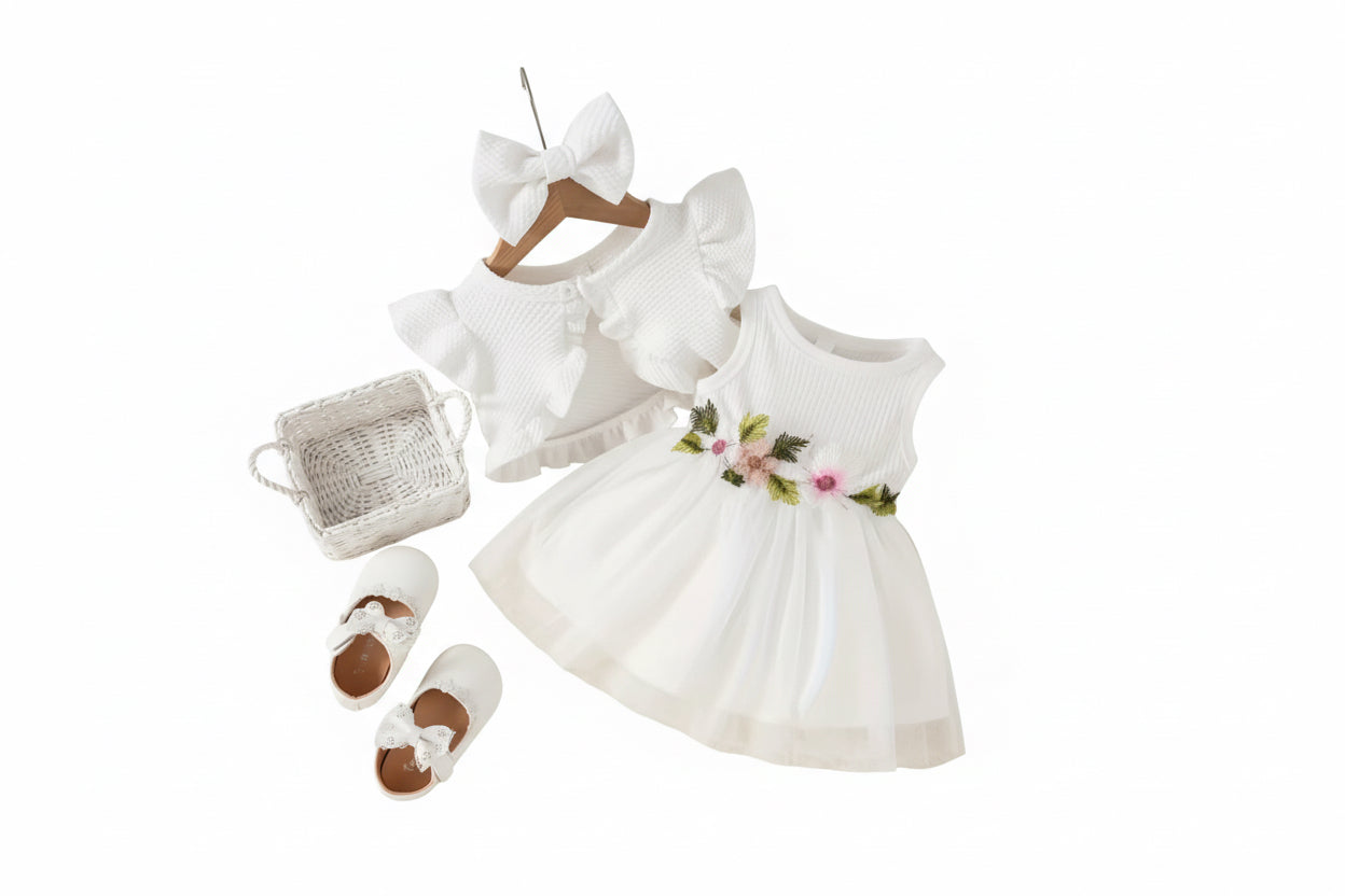 White baby dress with floral details, white shoes, and headband on a textured surface.