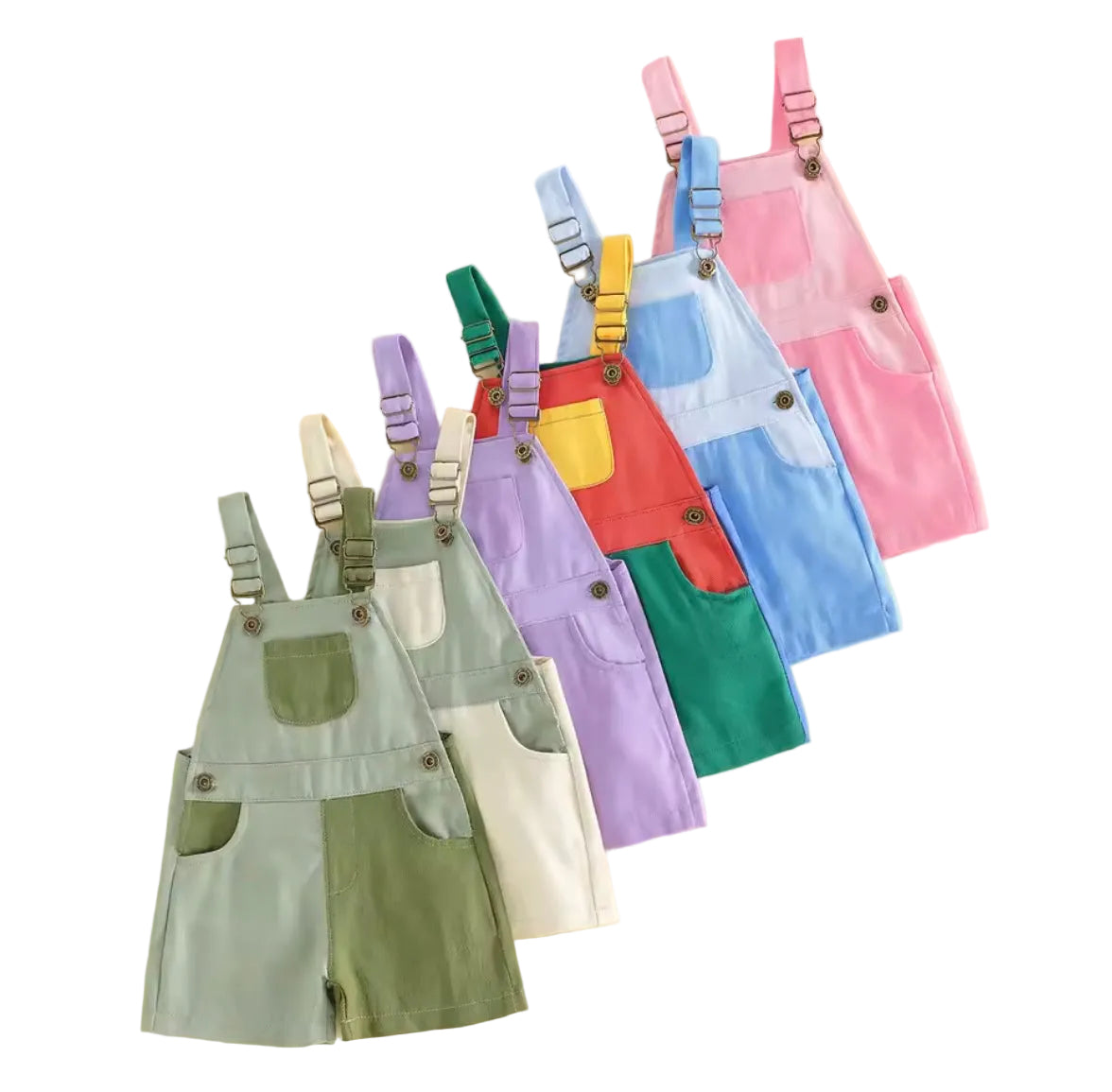 Kids Unisex Patchwork Dungaree Shorts. 6 Colours 12M-4Y