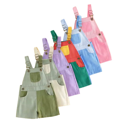 Kids Unisex Patchwork Dungaree Shorts. 6 Colours 12M-4Y
