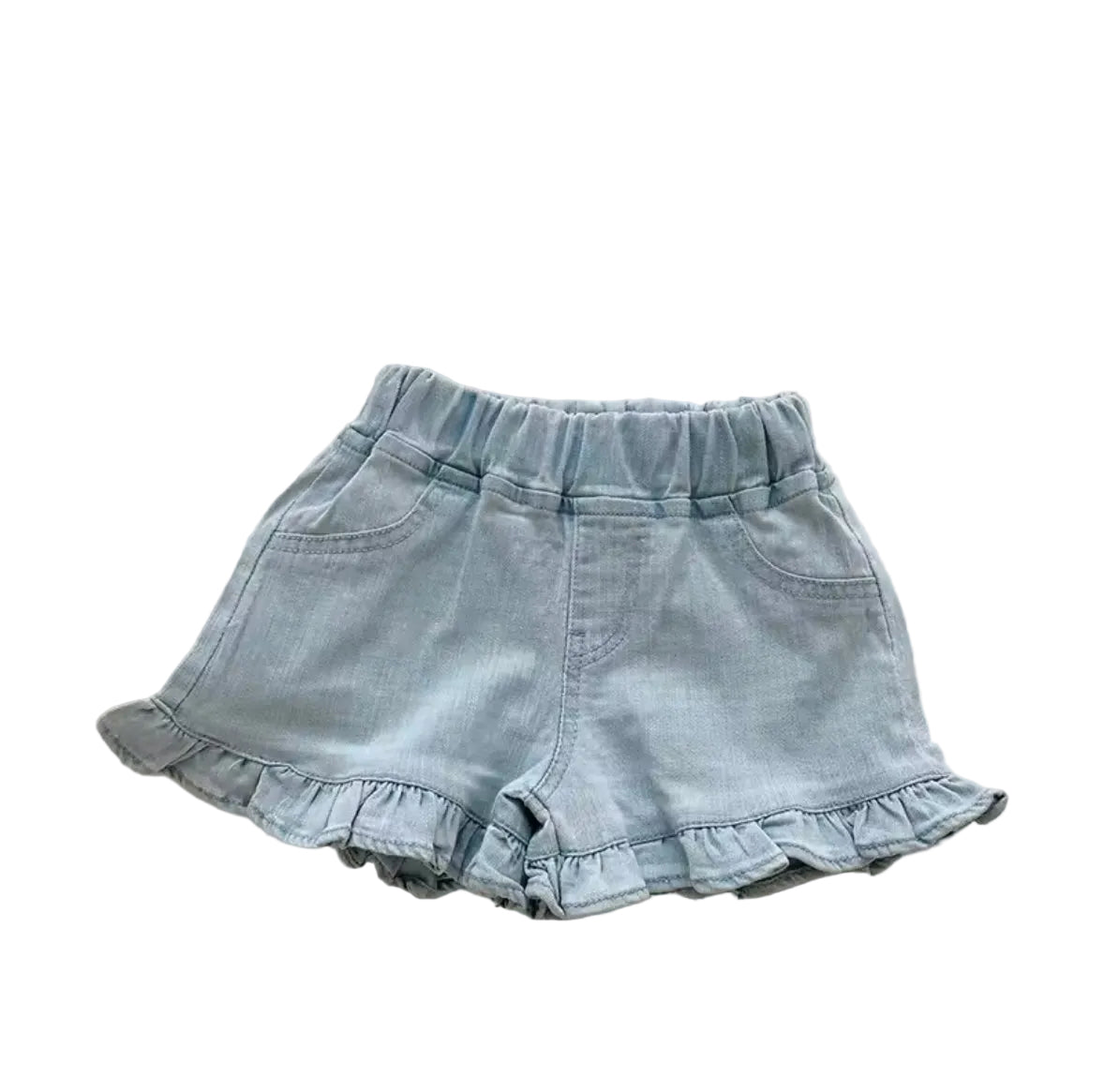 Light blue denim shorts with ruffled edges on a light background
