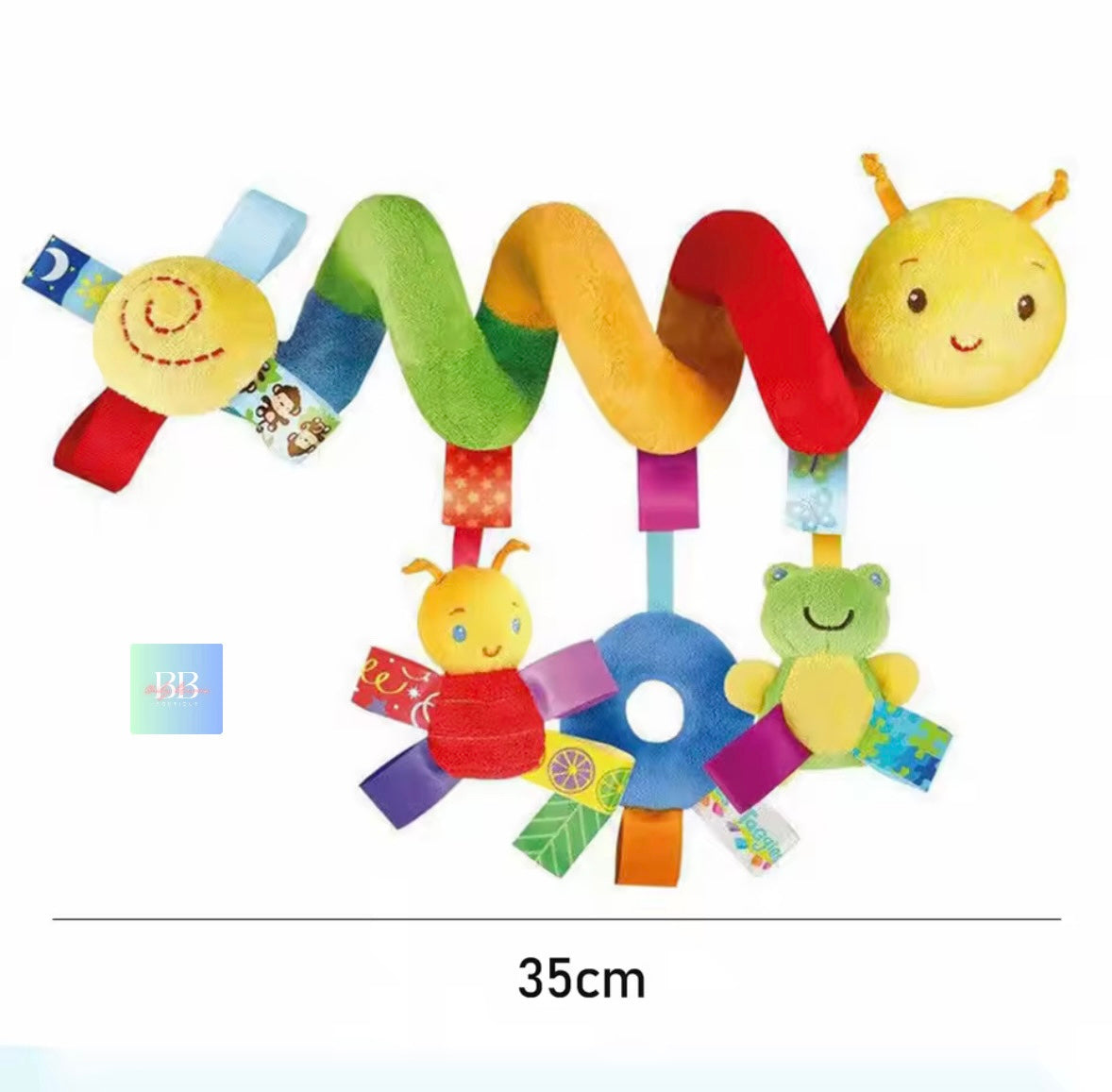 Colorful baby toy with cartoon characters on a white background