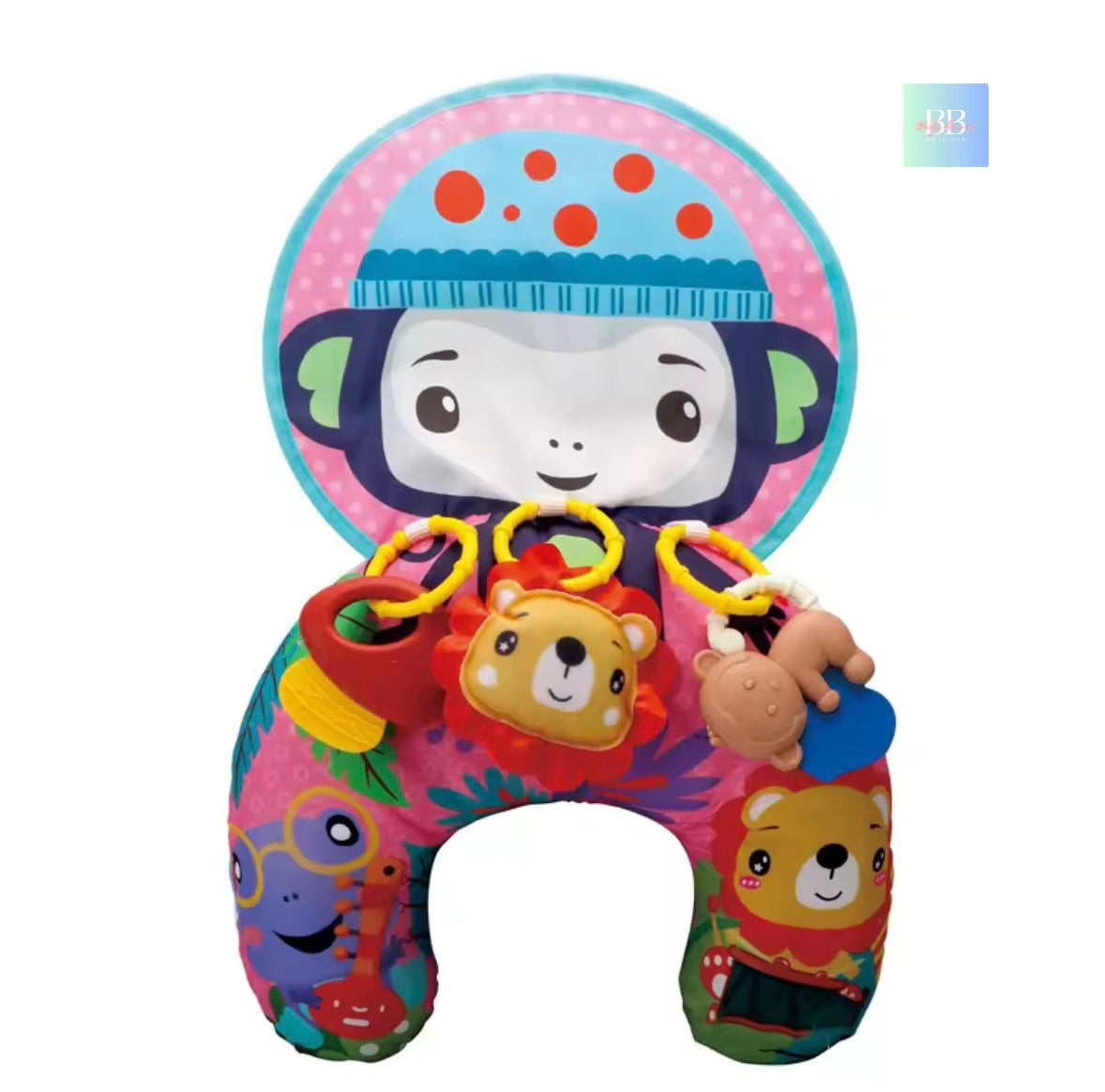 Colorful baby toy with cartoon character and animal faces on a white background