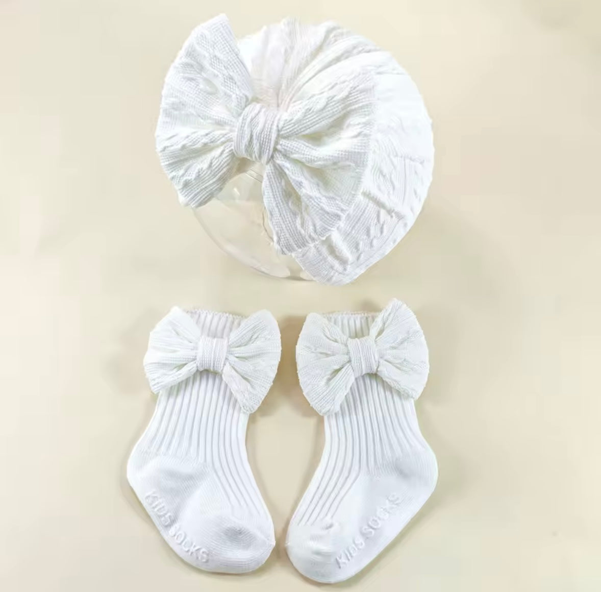 Baby Toddler Girls Bowknot Headscarf Hat & Matching Bowknot Socks. 5 Colours Fits 0-6M