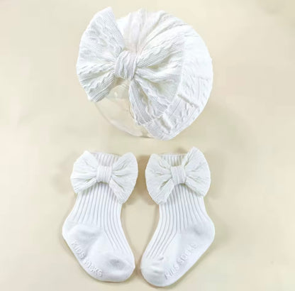 Baby Toddler Girls Bowknot Headscarf Hat & Matching Bowknot Socks. 5 Colours Fits 0-6M