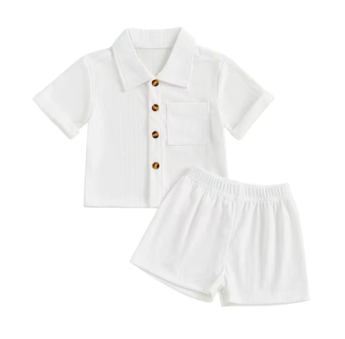 White shirt with buttons and white shorts on a white background