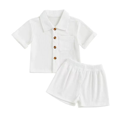 White shirt with buttons and white shorts on a white background