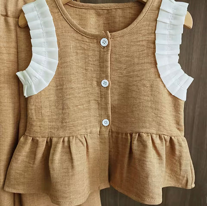Kids Girls Linen Sleeveless Top & Matching Wide Leg Trousers. 3 Colours 3-10Y