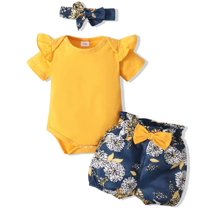 Baby Toddler Romper Floral Shorts & Floral Headband. 0-18M