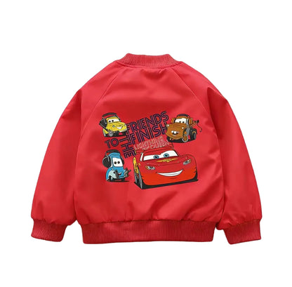 Red children's jacket with cartoon car characters on a white background