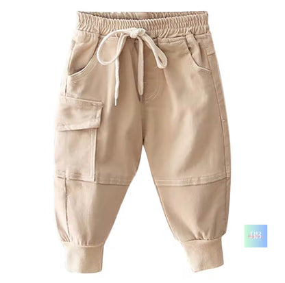 Beige jogger pants with a drawstring on a white background