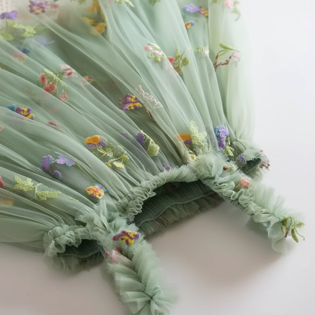 Light green fabric with floral embroidery on a textured surface