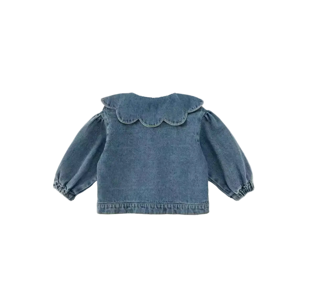 Blue denim jacket with ruffled details on a light gray background