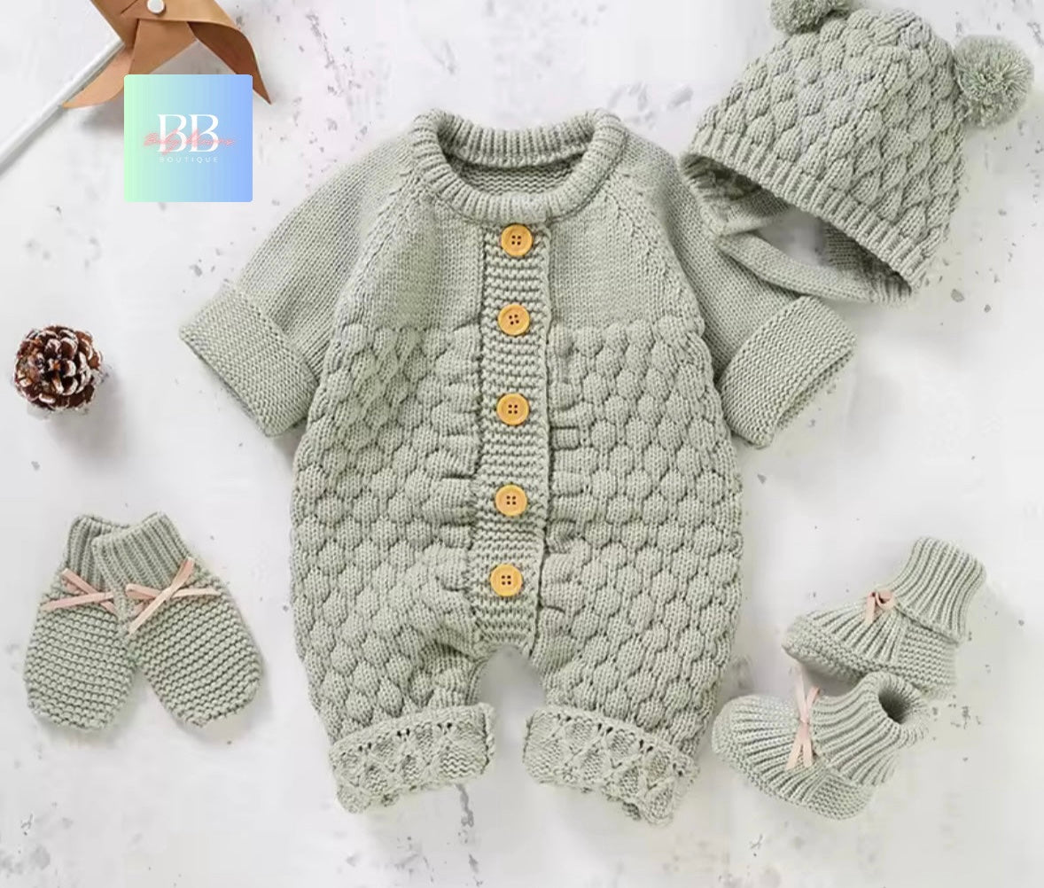 Baby/toddler knitted long sleeve Romper Sets. Boy/girl, 3-18M, 4 colours.