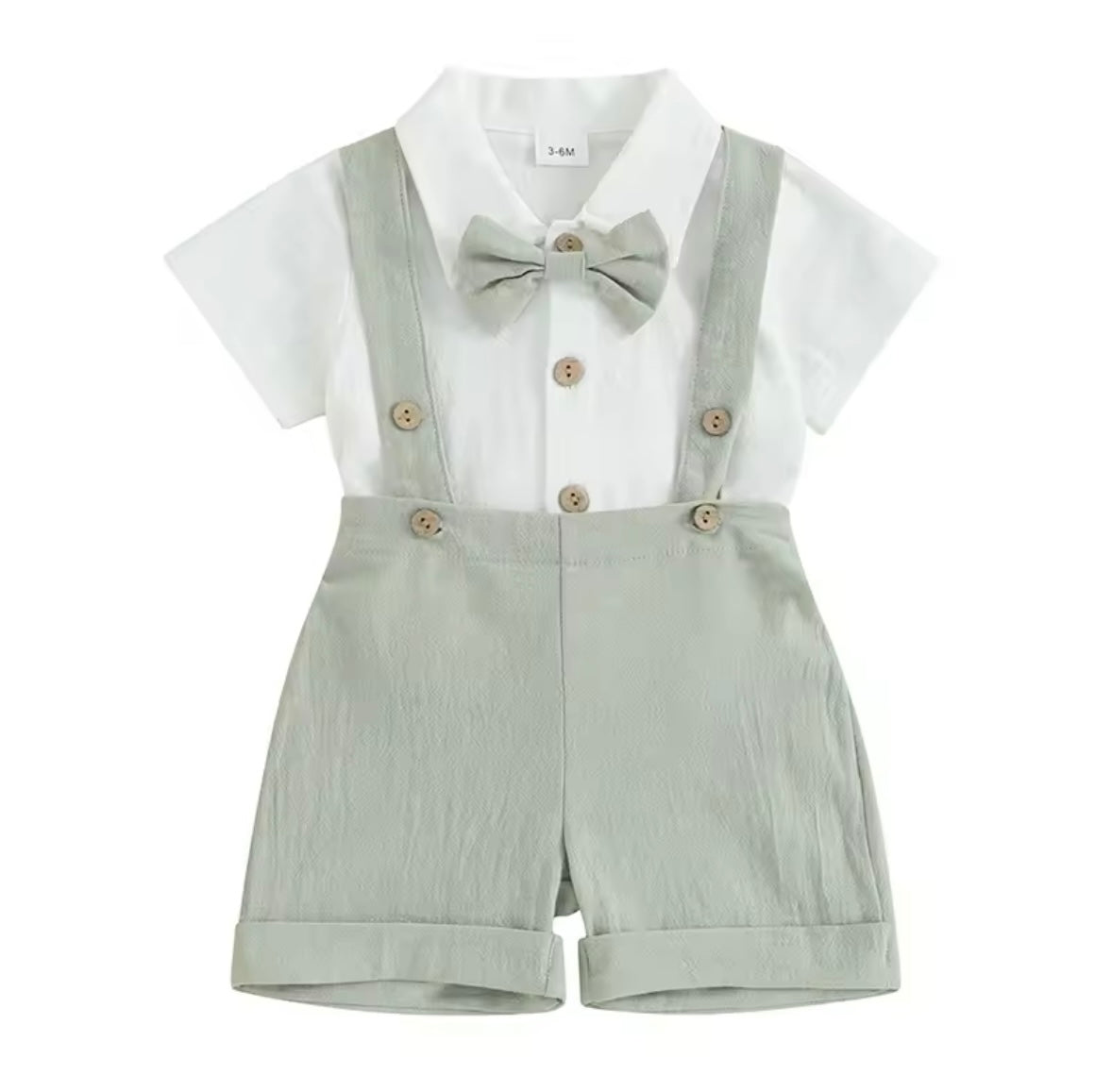 Baby Toddler Boys Romper Shirt with Bow Tie & Dungaree Shorts. 3 Colours 3-24M