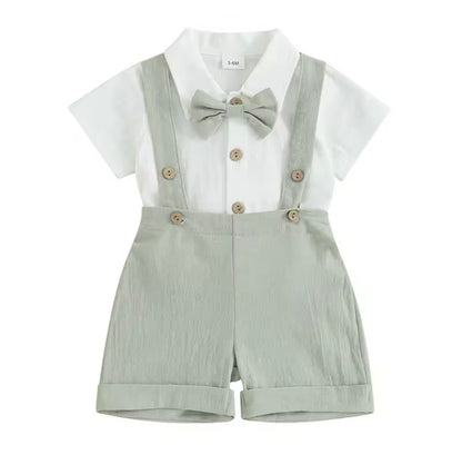 Baby Toddler Boys Romper Shirt with Bow Tie & Dungaree Shorts. 3 Colours 3-24M