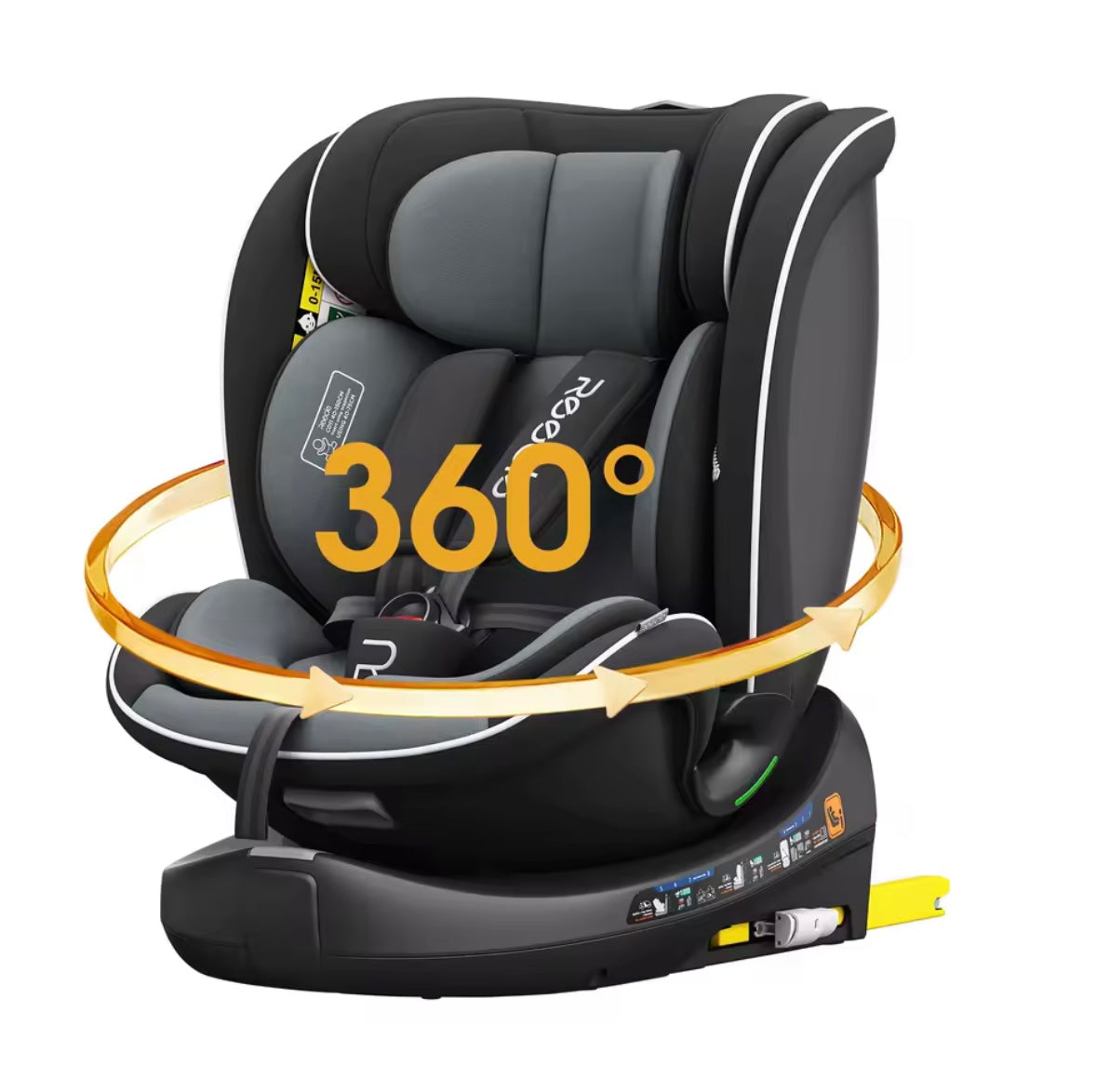 Black and gray car seat with '360°' feature on a white background