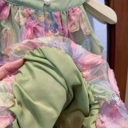 Kids Girls Sleeveless Bowknot Floral Mesh Dress. 2 Colours 3-7Y