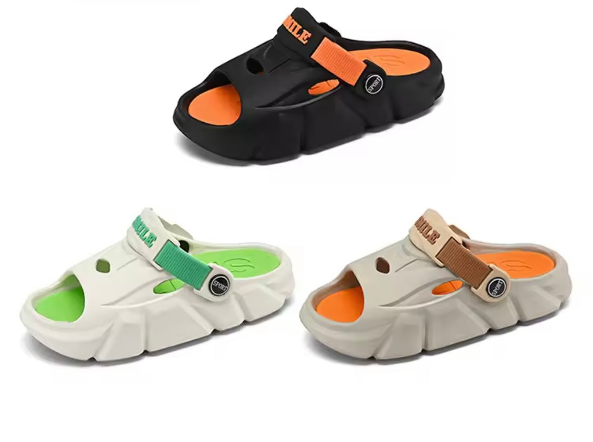 Three pairs of colorful sandals with different color schemes on a white background.