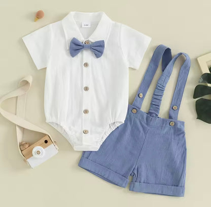 Baby Toddler Boys Romper Shirt with Bow Tie & Dungaree Shorts. 3 Colours 3-24M