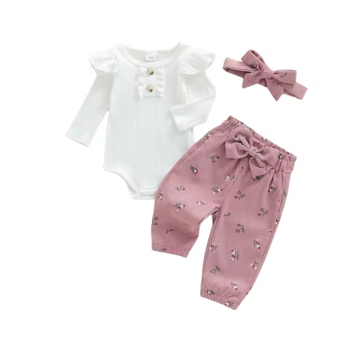 Kids Girls Long Sleeve Romper With Floral Trousers & Headband Set. 3 Colours 1-12M