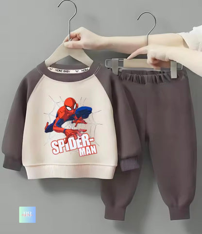Children's Spider-Man outfit on hangers against a gray background