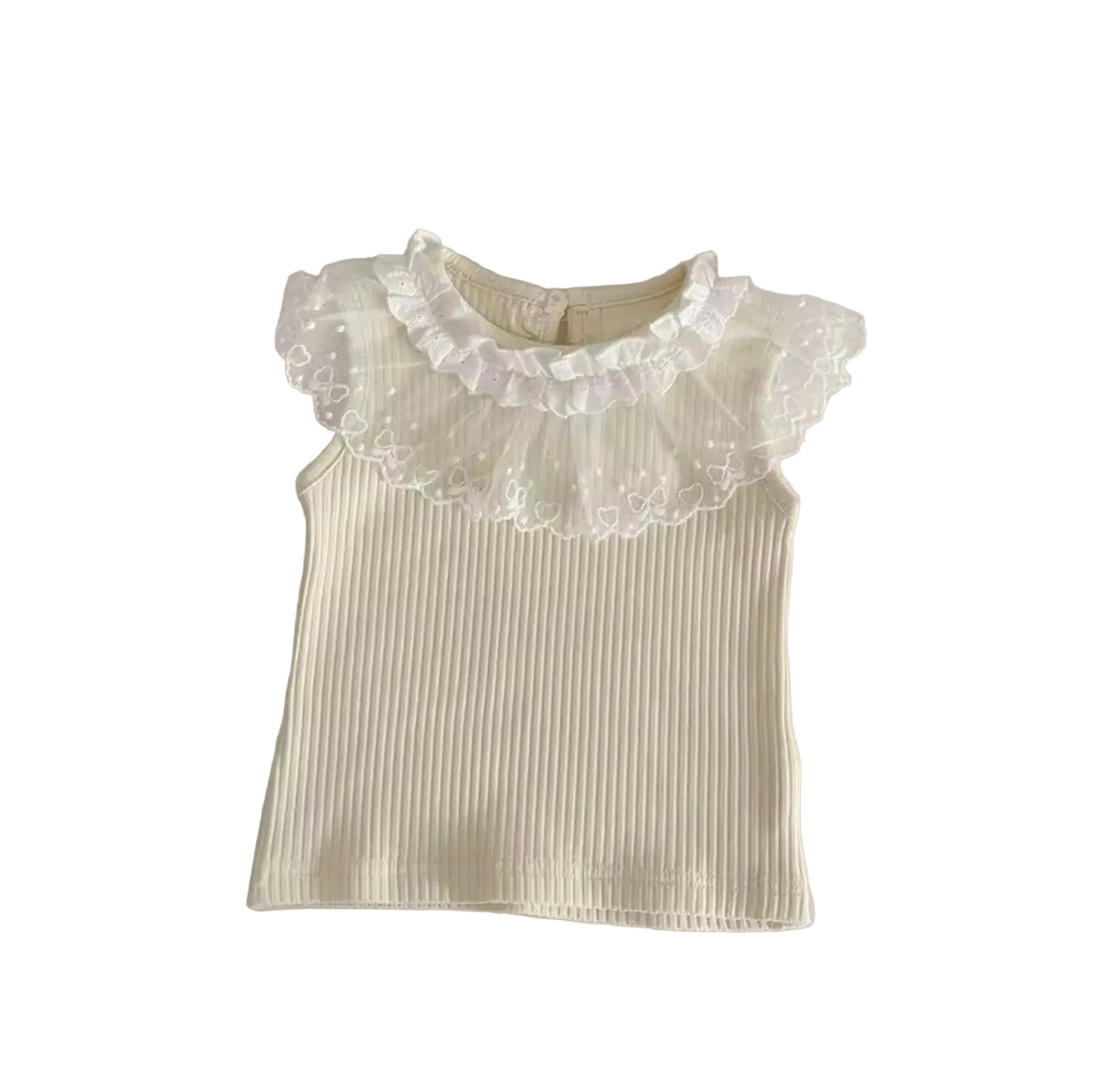 White ribbed tank top with lace collar on a light gray background
