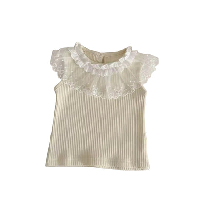 White ribbed tank top with lace collar on a light gray background