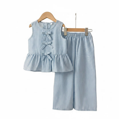 Kids Girls Pinstripe Sleeveless Bowknot Top & Wide Leg Trousers. 2 Colours 3-7Y