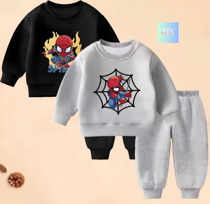 Children's Spider-Man themed sweatshirt and pants set on a beige background