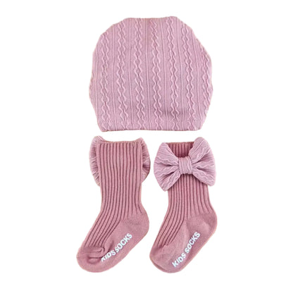 Baby Toddler Girls Bowknot Headscarf Hat & Matching Bowknot Socks. 5 Colours Fits 0-6M
