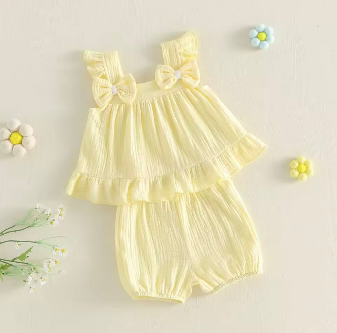 Kids Girls Muslin Ruffled Bowknot Vest Top & Shorts Set. 3 Colours 12M-4Y