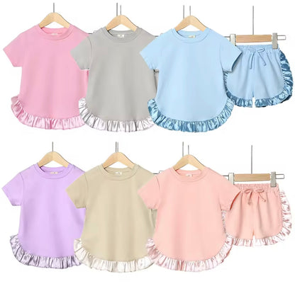 Kids Cotton Silk Edge T-shirt & Shorts Set. 6 Colours 9M-7Y