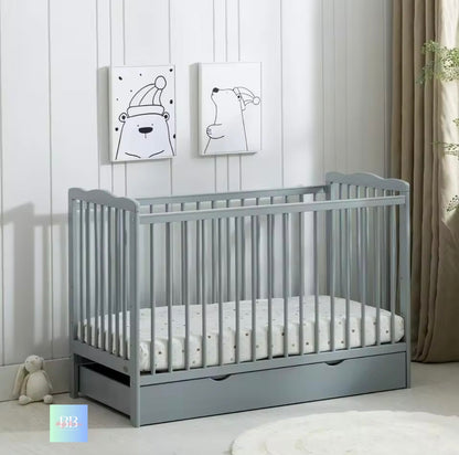 Baby/Toddler Wooden Cot Bed with Waterproof Mattress & Drawer. Colour: Grey
