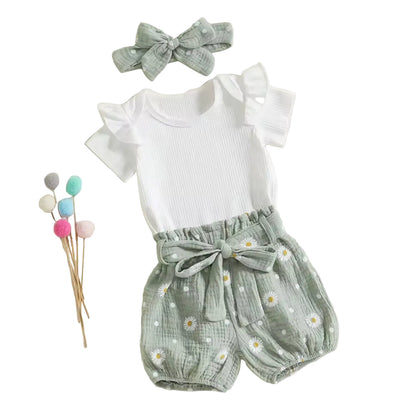 Baby Toddler Girls Ribbed Romper Muslin Shorts & Matching Headband Set 3M-24M