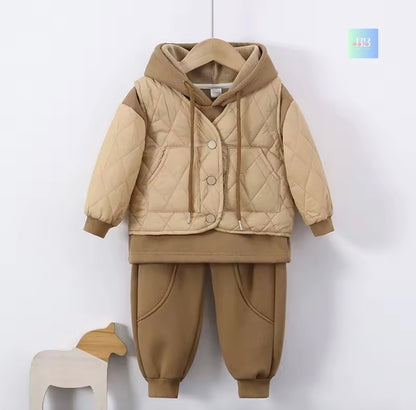 Children's beige quilted jacket and pants set on a white background