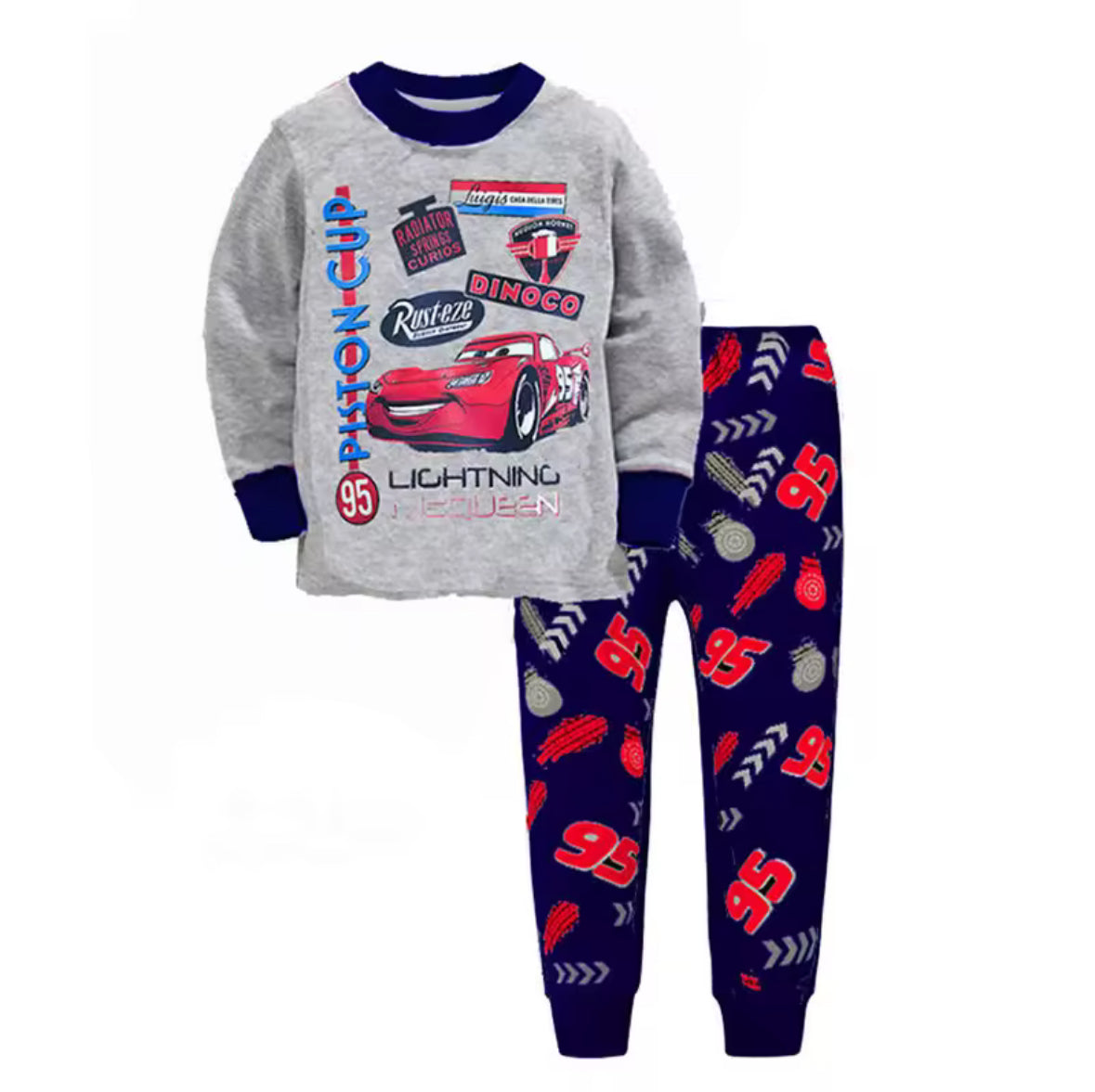 Children's pajama set with gray long-sleeve top and navy pants featuring racing car graphics on a white background.