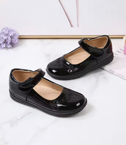 Kids Girls Black Velcro Strap School Shoes. 2 Variations Uk Junior Size 10-4
