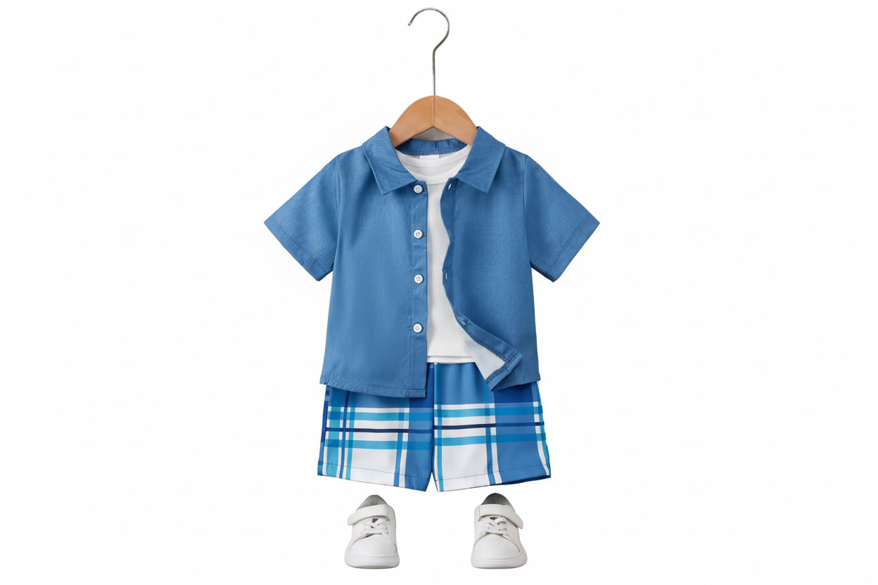Children's blue outfit with plaid shorts on a hanger against a white wall.