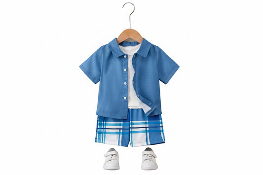 Children's blue outfit with plaid shorts on a hanger against a white wall.