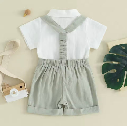 Baby Toddler Boys Romper Shirt with Bow Tie & Dungaree Shorts. 3 Colours 3-24M