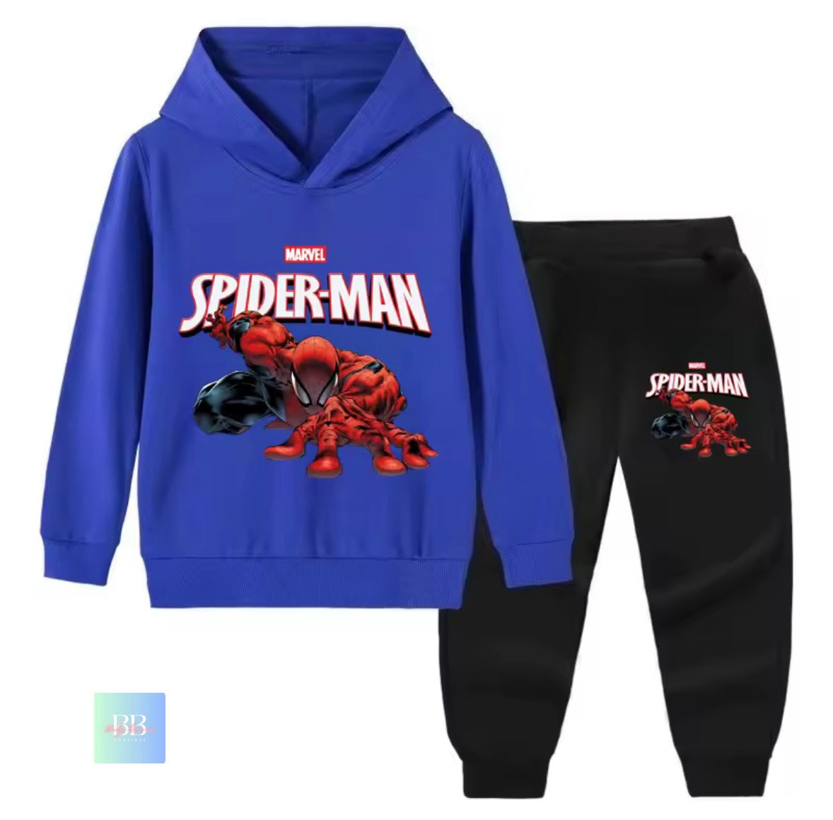 Blue hoodie and black pants set with Spider-Man design on a white background