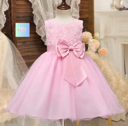 kids Lace Formal Dress with Flower Design, front Bow & Mesh Skirt. 5 colours, 4-10Y.