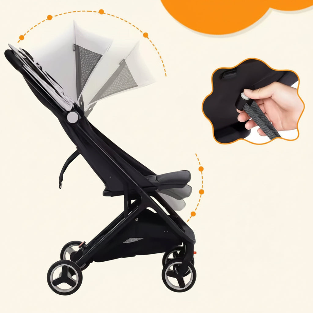 Black stroller with adjustable features on a white background
