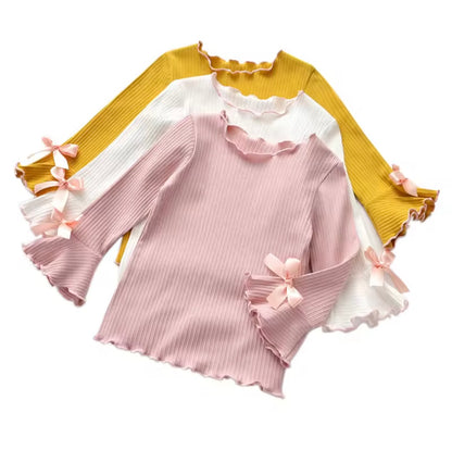 Kids Girls Ribbed Long Sleeve Bowknot Top. 3 Colours 2-8Y