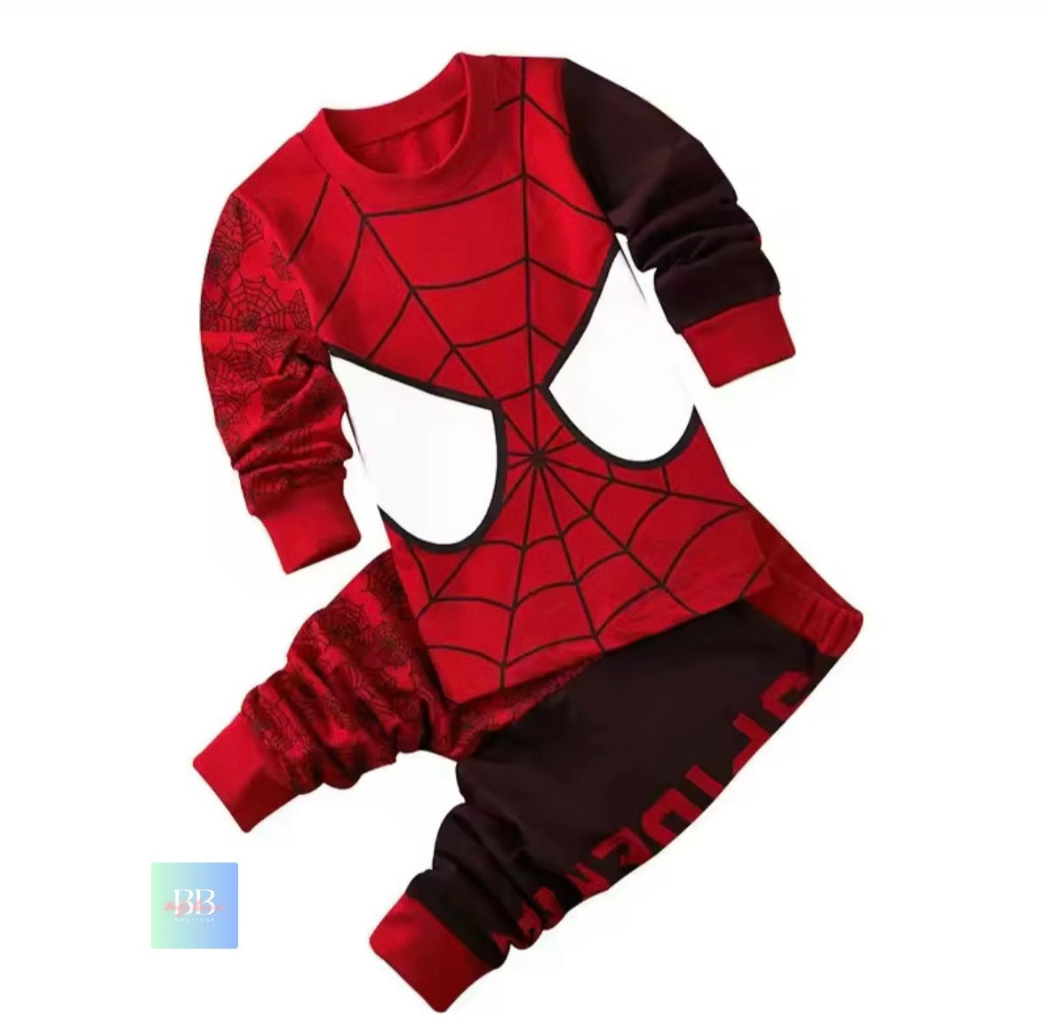 Red and black Spider-Man costume set on a white background