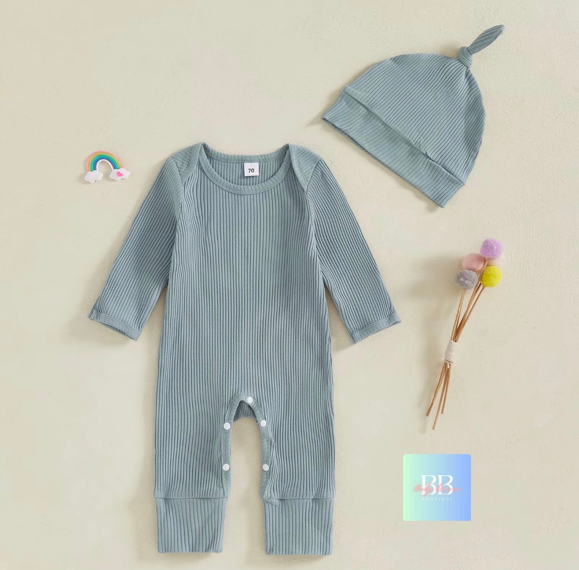 Baby/Toddler Ribbed Long Sleeve Romper with Hat. 0-12M, 4 colours available.