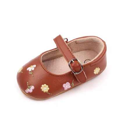 Baby Toddler Leather Flower Embroidery Anti-Slip Shoes. 3 Colours. 0-18M