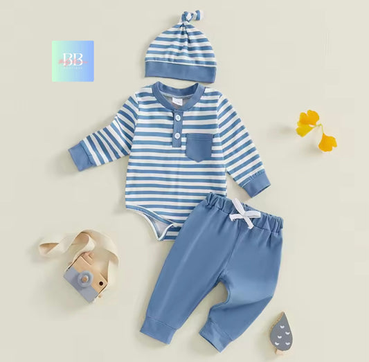 Baby/Toddler Striped Long Sleeve Romper & Pants Set with Matching Hat. 3-18M