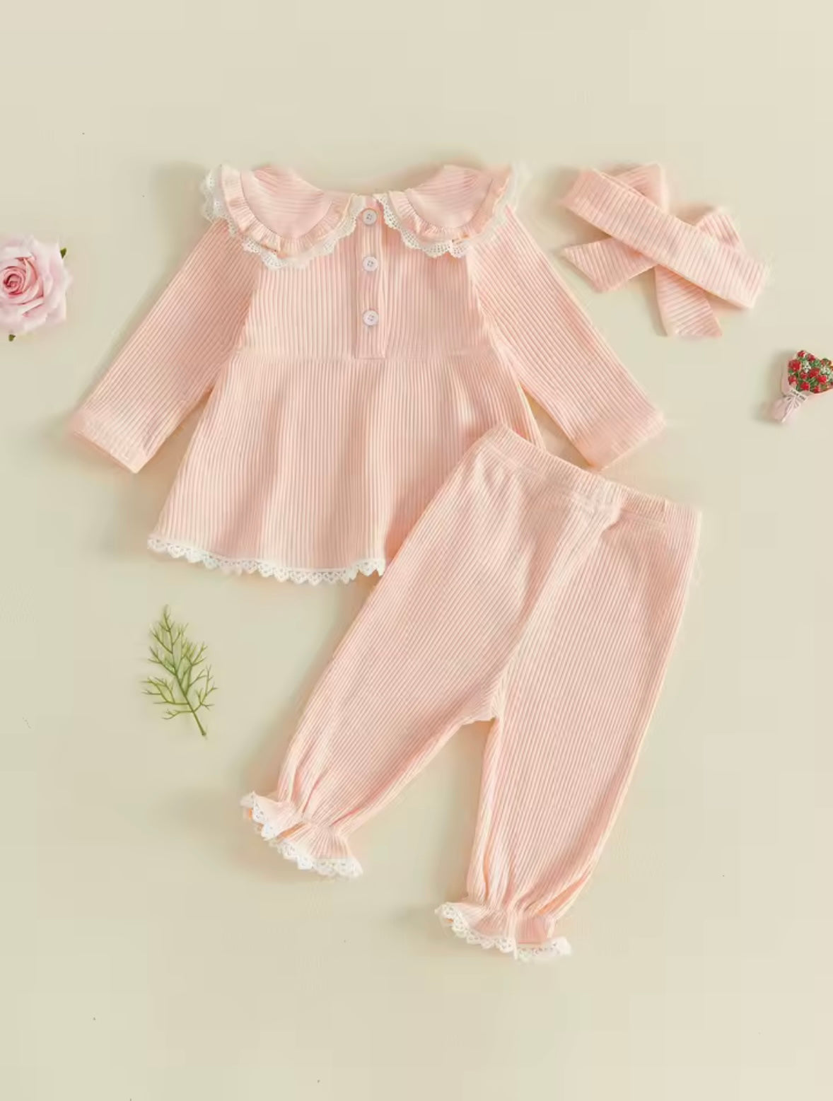 Baby Toddler Girls Ribbed Lace Trim Top Trousers & Headband Set. 3 Colours 6M-3Y