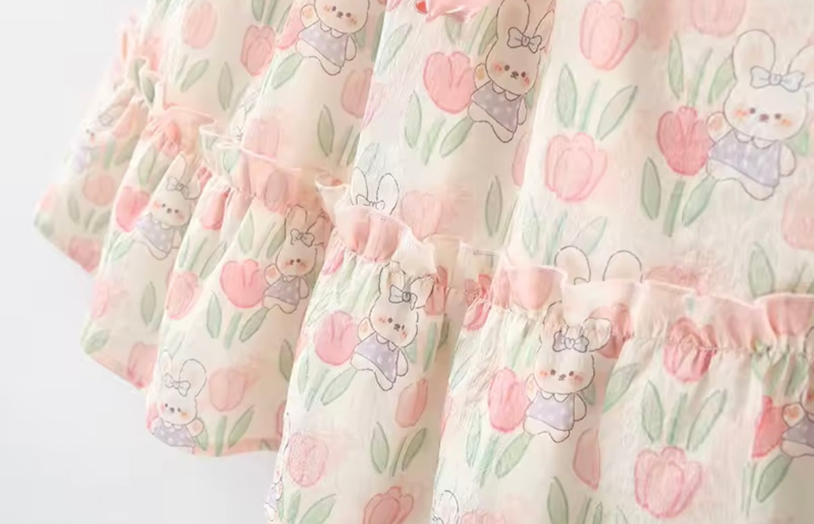 Kids Girls Lightweight Floral Rabbit Print Summer Dress. 9M-4Y